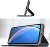 A flip case for an iPhone XR is shown in two views: one showing the case standing up, and the other showing the phone inside the case. Produktbild-Vorschau