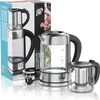 Product shot of a glass electric kettle and tea infuser set with its packaging. Voir les images du produit
