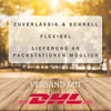 A marketing image with text overlayed on a blurred background of trees and sunlight, with a wooden surface and DHL logo at the bottom. Produktbild-Vorschau