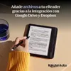 A person is using a Kobo e-reader on a wooden table, with a glass of blue liquid nearby. Produktbild-Vorschau