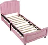 A pink upholstered twin bed frame with a headboard and footboard, shown from a diagonal angle. Náhľad obrázku produktu