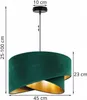 A pendant lamp with a green velvet lampshade and a gold interior, shown with dimensions indicated. Anteprima dell’immagine prodotto