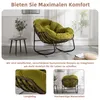 A green papasan chair with a dark brown rattan frame is shown in a room with large windows. There are also smaller inset images showing details of the chair and a smaller version of the chair. Produktbild-Vorschau