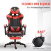 A red and black gaming chair is shown with a close-up of a caster wheel and text highlighting features. Produktbild-Vorschau