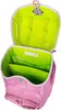 An open pink school backpack with a bright green interior. Voir les images du produit