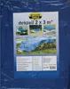 A blue tarp product packaging with images of the tarp in use. Produktbild-Vorschau