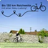 A woman riding a bicycle with a gabion wall and houses in the background, with a graphic overlay showing a route and a bicycle. Produktbild-Vorschau