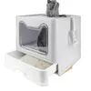 A grey cat is peeking out of a white litter box with a pull-out drawer. Náhled obrázku produktu