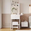 A white vanity table with a mirror and LED lighting, a stool, and a nightstand in a bedroom setting. Produktbild-Vorschau
