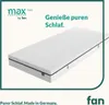 A white mattress with a dark blue trim is shown on a white background. Text overlays and a logo are present. Produktbild-Vorschau