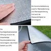 Close-up of a person's hand touching a silver material, with text overlays describing its features. Another image shows a hand holding the edge of the silver material on grass. Produktbild-Vorschau