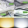 A collage of images showing different aspects of an LED floodlight, including its construction, details, and light output. Produktbild-Vorschau
