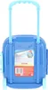 The back of a blue toy trolley with a sticker showing product information and graphics. Produktbild-Vorschau