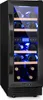 A black wine cooler with glass door, showing multiple bottles of wine inside, illuminated by blue light. Náhľad obrázku produktu