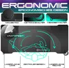 Marketing image showcasing the features of a gaming desk, including a mousepad, drink holder, and headset holder, with a diagram of a person using the desk. Produktbild-Vorschau