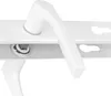 A close-up view of a white door handle mechanism. Produktbild-Vorschau