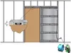 Diagram showing a sliding door hardware system with a close-up of a motor and a separate view of electrical components. Produktbild-Vorschau