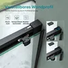 Close-up view of a black shower enclosure profile with inset diagrams showing its adjustability and features. Produktbild-Vorschau