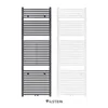 Two towel radiators, one black and one white, are shown side-by-side against a white background. Produktbild-Vorschau