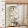 A multi-shelf bookcase with decorative items and books, presented with overlaid text and icons highlighting its features. Produktbild-Vorschau