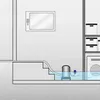 A diagram showing a sump pump in a flooded basement with stairs and a washing machine. Produktbild-Vorschau