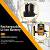 A marketing image showing two ways to charge a walkie-talkie, with text highlighting its rechargeable battery. Produktbild-Vorschau