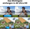 A collage of images demonstrating the stabilization features of a DJI drone, comparing footage with "Rocksteady Ein" (on) and "Rocksteady Aus" (off), and showing sample 4K and 2.7K footage of people camping. Anteprima dell’immagine prodotto