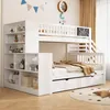 A white bunk bed with a built-in bookshelf and drawers, set up in a child's bedroom with decorative elements on the wall. Anteprima dell’immagine prodotto