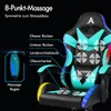 A close-up view of a gaming chair with various massage points highlighted and labeled in German. The chair has LED lighting. Produktbild-Vorschau