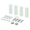 A collection of bathroom radiator accessories, including mounting brackets, screws, wall plugs, and radiator caps, arranged on a white background. Produktbild-Vorschau