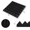A black acoustic foam panel with pyramid-shaped protrusions, shown from a slightly elevated angle, with dimensions indicated. Produktbild-Vorschau