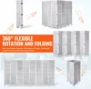Collage of images showing a white wooden room divider in various configurations, with text highlighting its flexibility and folding capabilities. Produktbild-Vorschau