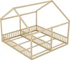 A wooden house-shaped bed frame with a slatted base and railings, shown from a diagonal front-left perspective against a white background. Anteprima dell’immagine prodotto
