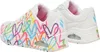 A pair of white SKECHERS Uno-Highlight Love sneakers with colorful heart graphics. Anteprima dell’immagine prodotto