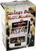 The image shows the packaging of a savings bank shaped like a slot machine. Produktbild-Vorschau