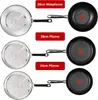 Three different types of frying pans and a wok, each with a detachable handle, are displayed against a white background. Red labels indicate the size and type of each cookware item. Produktbild-Vorschau