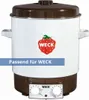 A white and brown electric canning pot with a strawberry logo and text overlay. Produktbild-Vorschau