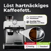 A close-up shot of a coffee machine with promotional text and a before-and-after comparison of a cleaning process. Produktbild-Vorschau