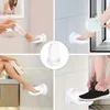 Collage of images showing a white shower footrest being used for various personal grooming and dressing tasks. Náhled obrázku produktu