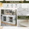 A white sideboard with open doors and drawers, showcasing its storage capacity and adjustable shelves. Decorative elements and text overlays highlight features. Anteprima dell’immagine prodotto