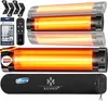 A product image showcasing multiple infrared heaters, mounting hardware, a remote control, and a protective cover. Produktbild-Vorschau