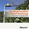 A hedge trimmer with an adjustable head is shown against a backdrop of green foliage and a blue sky. Produktbild-Vorschau