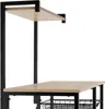 A close-up view of a kitchen shelf unit with wooden shelves and black metal framing. Náhled obrázku produktu
