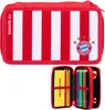 A red pencil case with white stripes and the FC Bayern München logo is shown open, revealing colored pencils and a yellow notepad.