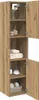 A tall, narrow wooden cabinet with two doors, one open, showing shelves with toiletries and towels. Anteprima dell’immagine prodotto