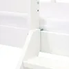 Close-up view of a white wooden bunk bed frame, showing the connection between the vertical support and a horizontal beam, with a step visible in the foreground. Náhľad obrázku produktu