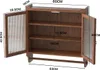 A wooden cabinet with glass doors and shelves, with dimensions indicated. Voir les images du produit