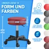 A collage showing a red rolling stool with dimensions and features highlighted, alongside color swatches of other available colors. Produktbild-Vorschau