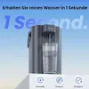 A gray water filter dispenser is shown with a glass of water being filled, against a blue sky background with text overlays. Anteprima dell’immagine prodotto