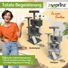 A woman is pointing at a cat tree, with two cat trees shown in different colors. Produktbild-Vorschau